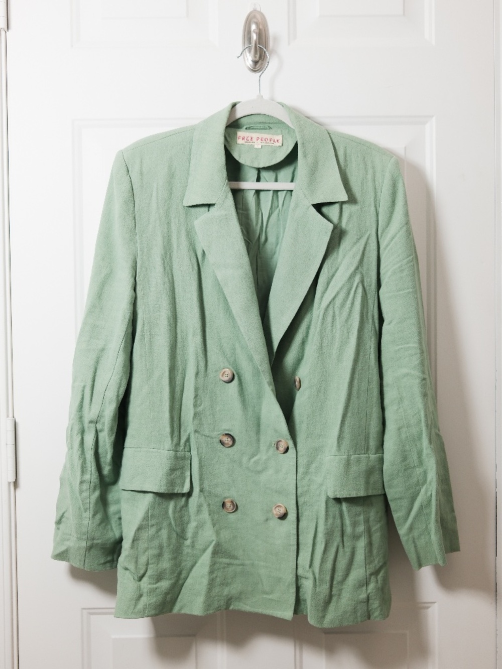 Free People Olivia Jacket Womens Small Linen Blazer Green Double Breasted Green